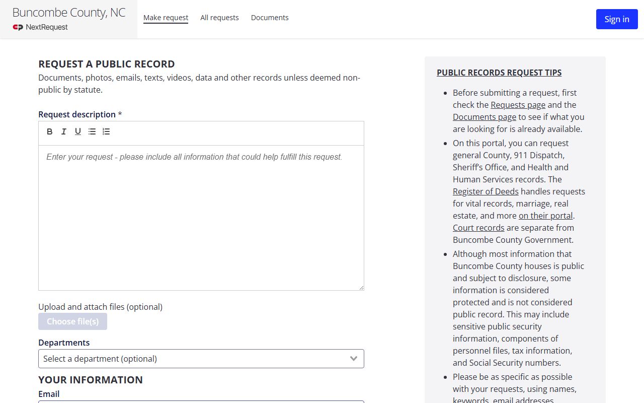 Buncombe County inmate records NextRequest public records form