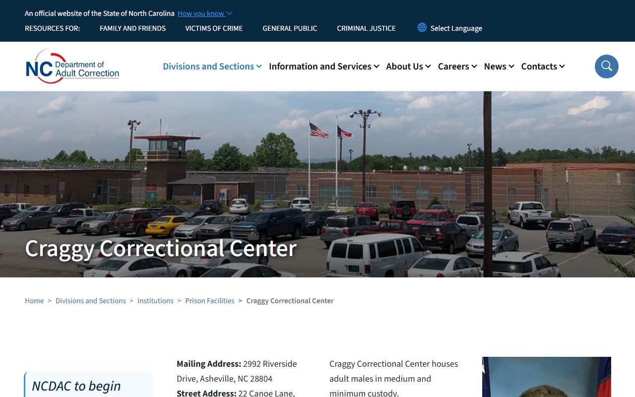 Craggy Correctional Center inmate search and NCDAC facility page